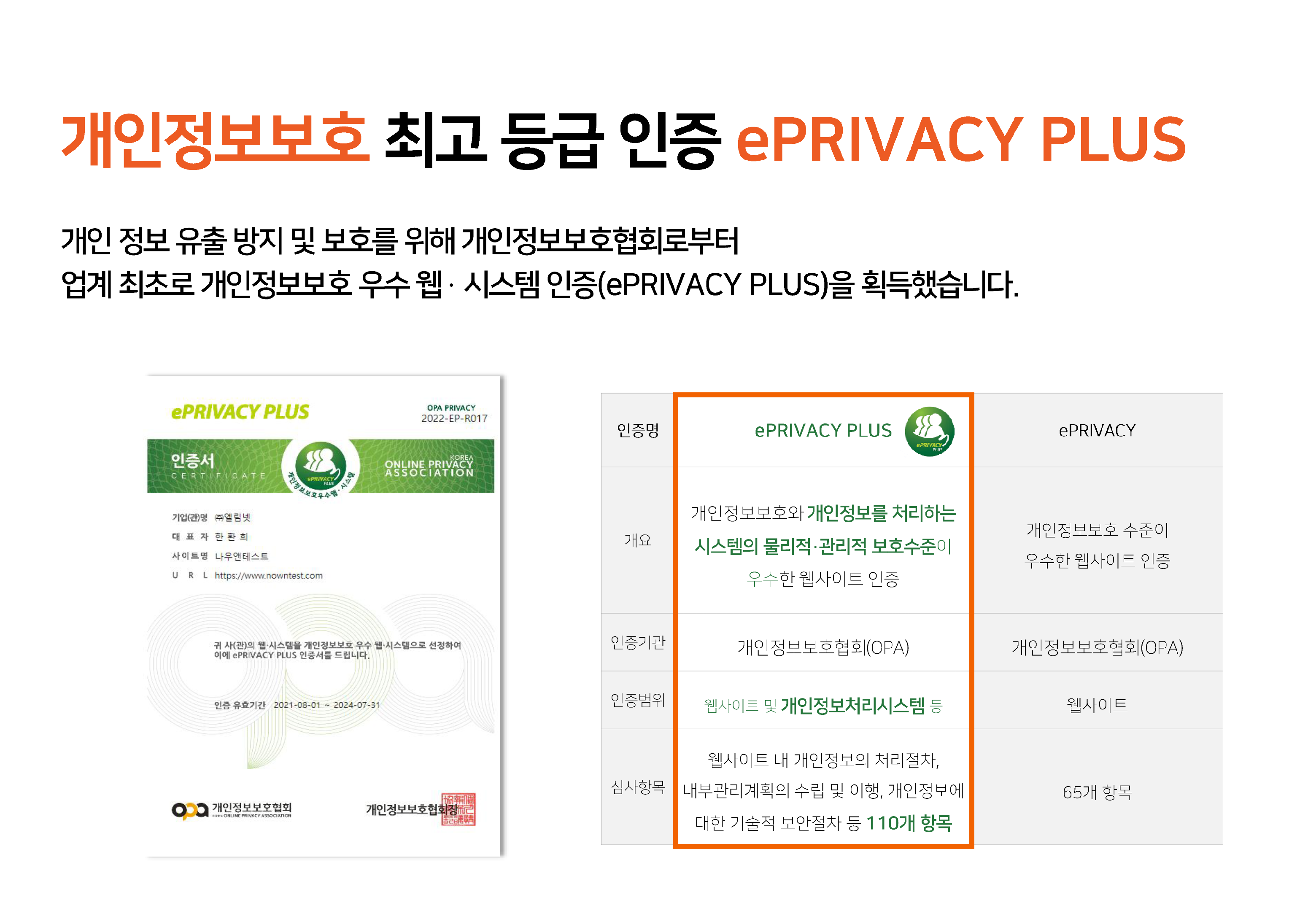 개인정보보호 최고 등급 인증 ePRIVACY PLUS
